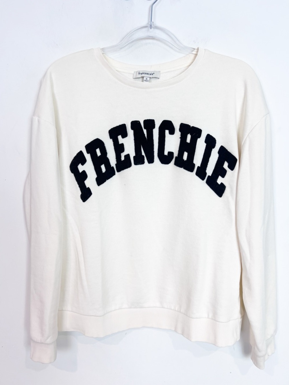FRANCESCA’S OFF-WHITE “FRENCHIE” LONG SLEEVE CREWNECK SWEATSHIRT WOMENS SMALL